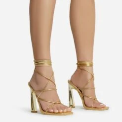 EGO Roseville Lace Up Quilted Insole Square Toe Cut Out Flared Heel In Gold Metallic Faux Leather