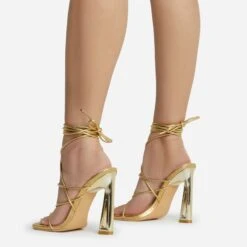 EGO Roseville Lace Up Quilted Insole Square Toe Cut Out Flared Heel In Gold Metallic Faux Leather -EGO shop roseville 15599