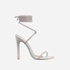 EGO Carmella Glitter Sole Diamante Detail Lace Up Heel In Silver Holographic Faux Leather -EGO shop sample 2268