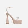 EGO Sugar-Fire Diamante Bow Perspex Strap Square Toe Platform Flared Block Heel In Nude Patent