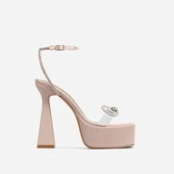 EGO Sugar-Fire Diamante Bow Perspex Strap Square Toe Platform Flared Block Heel In Nude Patent