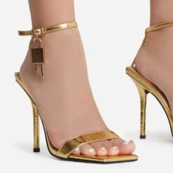 EGO Sunak Padlock Detail Square Toe Stiletto Heel In Gold Croc Print Faux Leather -EGO shop sunak 8066