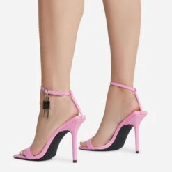 EGO Sunak Padlock Detail Square Toe Stiletto Heel In Pink Croc Print Faux Leather -EGO shop sunak 8071