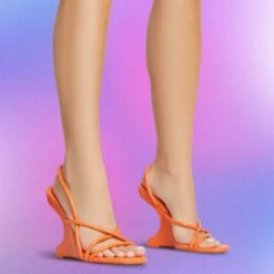 EGO Thriller Strappy Detail Square Toe Sling Back Cut Out Wedge Heel In Orange Faux Leather