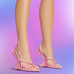 EGO Thriller Strappy Detail Square Toe Sling Back Cut Out Wedge Heel In Pink Faux Leather
