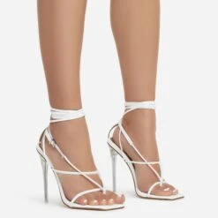 EGO True Square Toe Lace Up Clear Perspex Heel In White Faux Leather