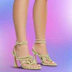 EGO Truth-Or-Dare Beaded Strap Detail Square Toe Flared Block Heel In Green Faux Leather