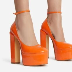 EGO Violet Ankle Strap Closed Toe Statement Platform Block Heel In Orange Patent -EGO shop violet 10691 copy