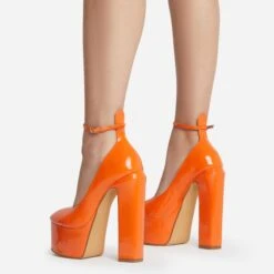 EGO Violet Ankle Strap Closed Toe Statement Platform Block Heel In Orange Patent -EGO shop violet 10692 copy