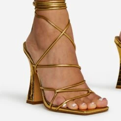 EGO Waves Lace Up Strappy Square Toe Flared Block Heel In Gold Croc Print Faux Leather -EGO shop waves gold 2