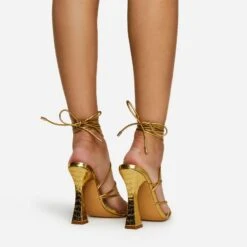 EGO Waves Lace Up Strappy Square Toe Flared Block Heel In Gold Croc Print Faux Leather -EGO shop waves gold 4
